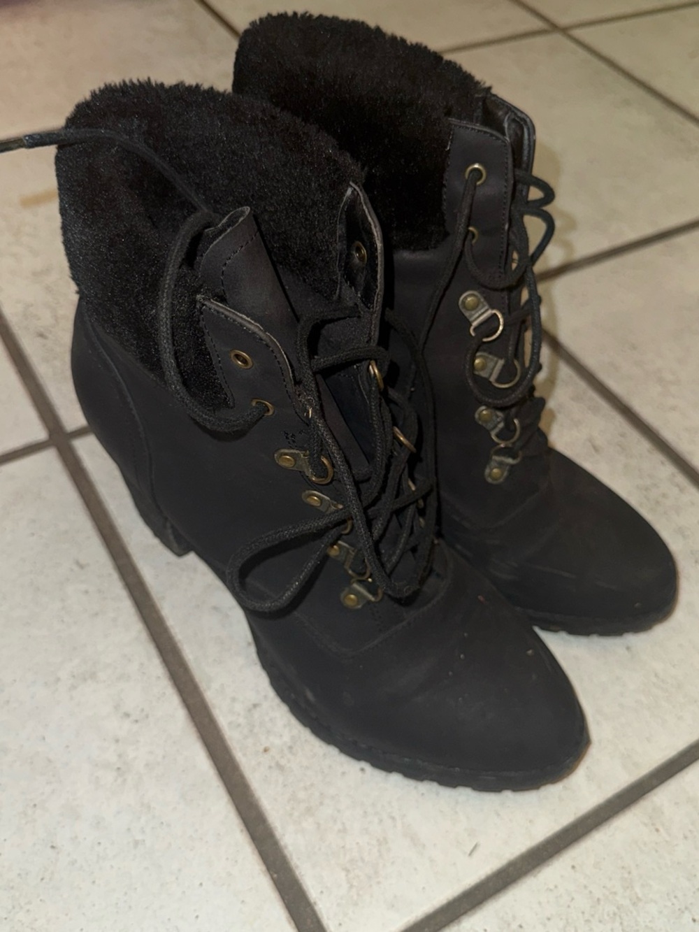 Women’s Black Lace-Up Faux Fur Ankle Boots